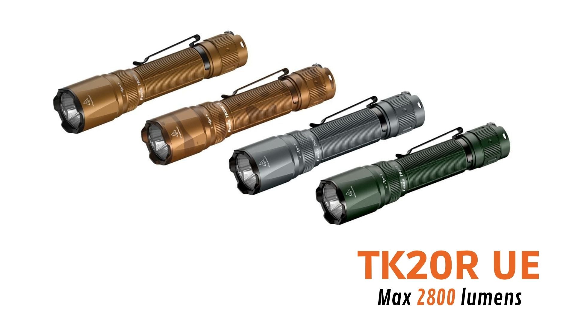 Fenix TK20R UE Rechargeable Tactical Flashlight – 2800 Lumens, 465m Beam, IP68, 21700 Battery, Desert Tan