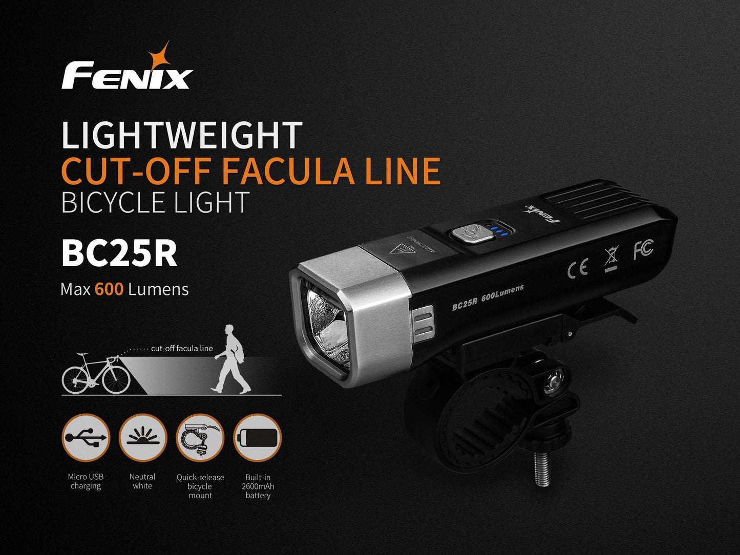 Fenix BC25R lampe de vélo 600 Lumens + technologie anti éblouissement piétons Site Officiel FENIX® - Votre boutique en ligne Fenix®