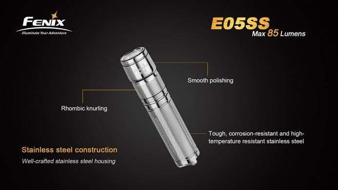 Fenix E05 - édition 2014 - 85 Lumens - Stainless Steel Site Officiel FENIX® - Votre boutique en ligne Fenix®