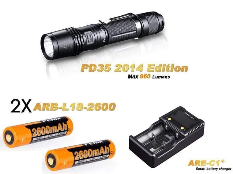 Pack Fenix PD35 édition 2014 - 960 Lumens + 2 Piles rechargeables + Chargeur ARE-C1+ Site Officiel FENIX® - Votre boutique en ligne Fenix®