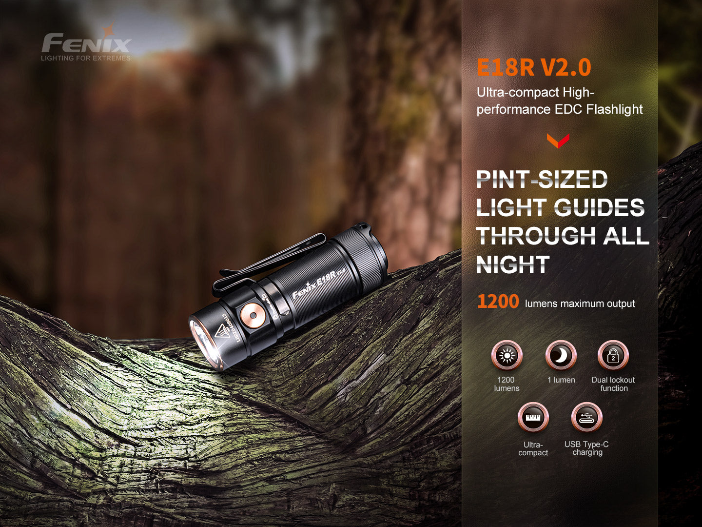 Fenix E18R V2.0 - Lampe de poche rechargeable - 1200 lumens - Coffret Cadeau