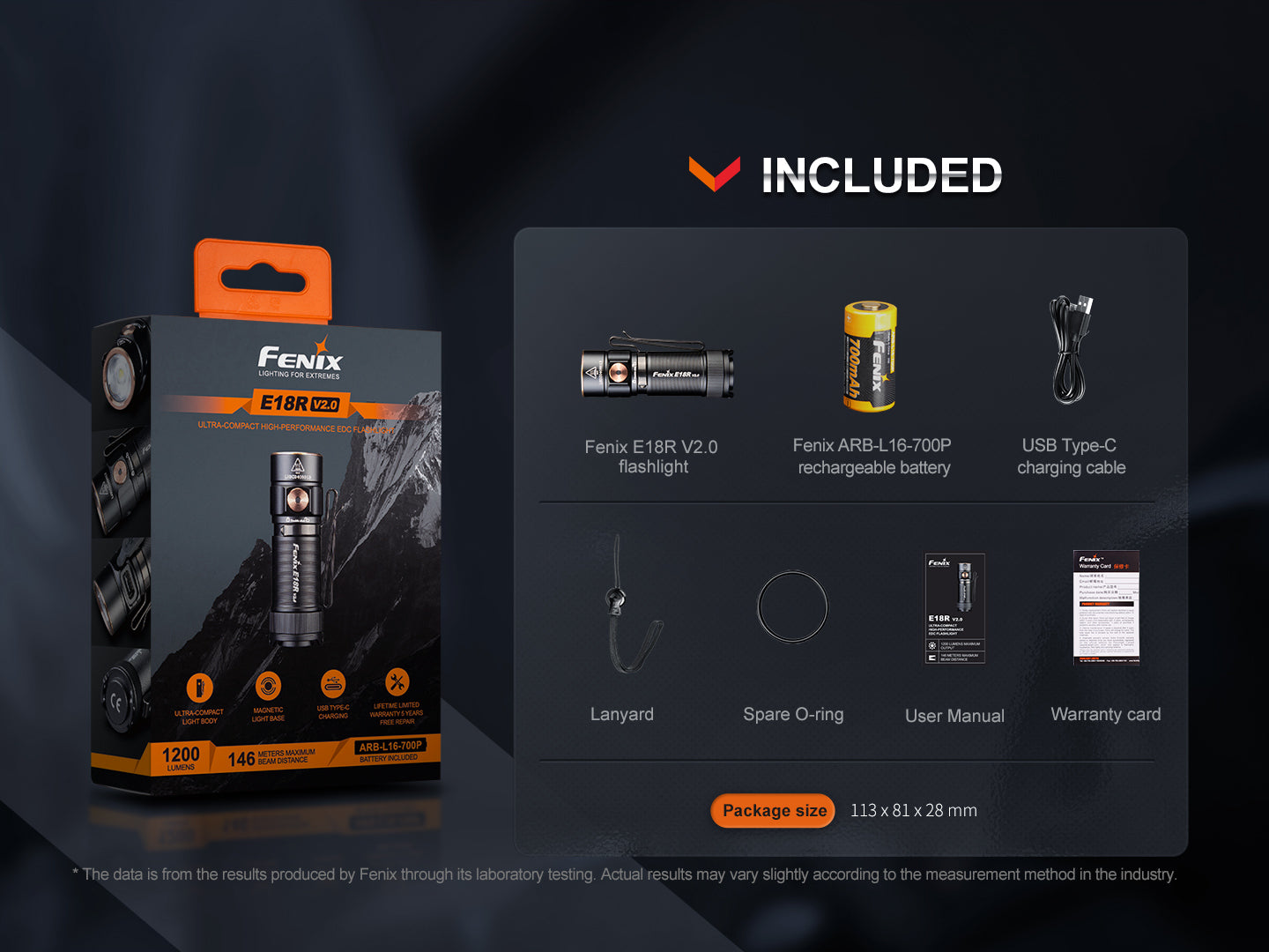 Fenix E18R V2.0 - Lampe de poche rechargeable - 1200 lumens - Coffret Cadeau