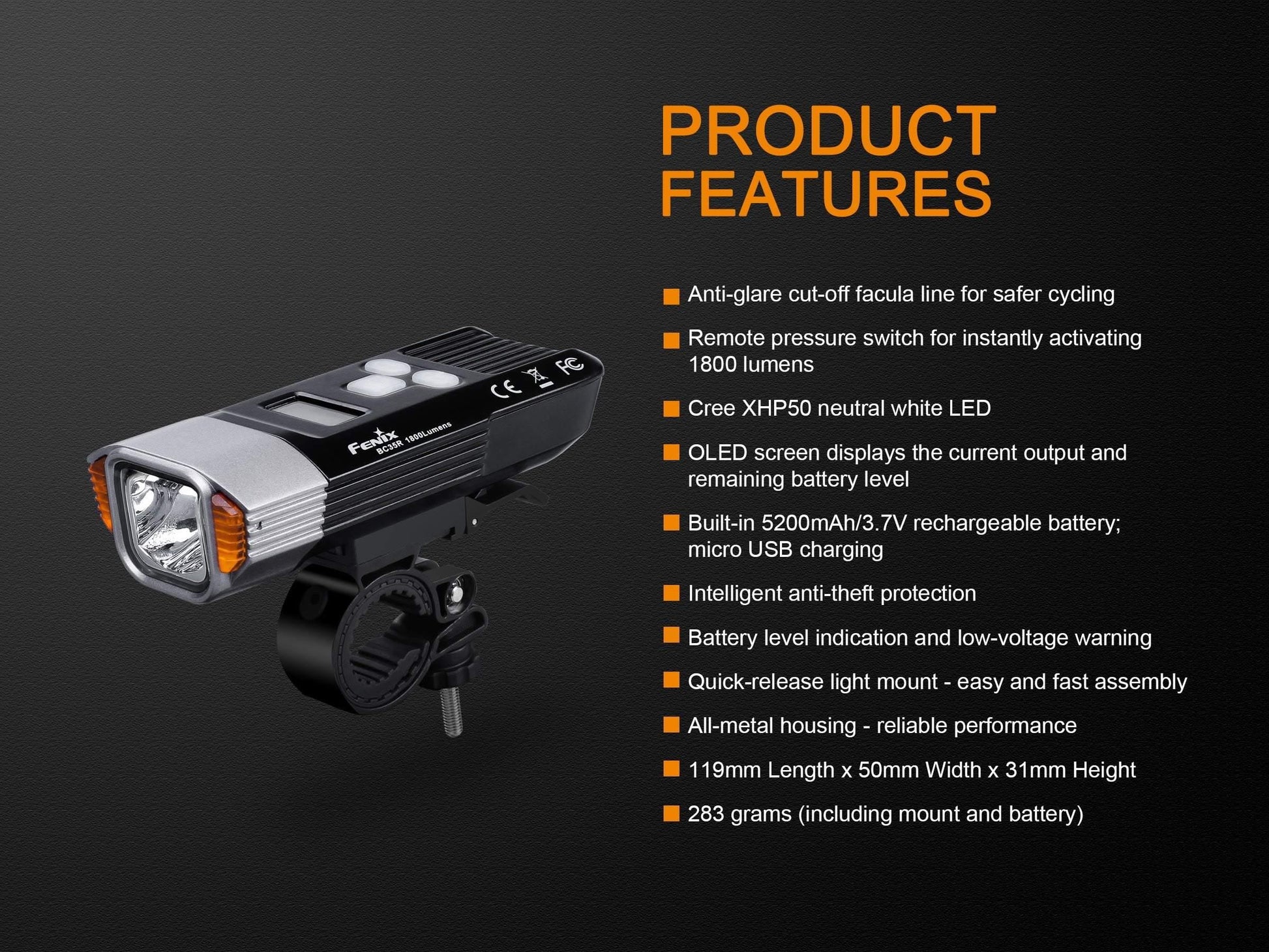 Fenix BC35R lampe de vélo rechargeable - 1800 lumens + technologie anti éblouissement et Alarme anti vol Site Officiel FENIX® - Votre boutique en ligne Fenix®