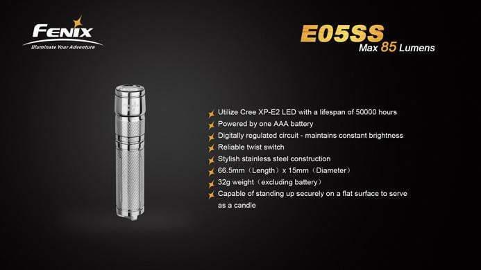 Fenix E05 - édition 2014 - 85 Lumens - Stainless Steel Site Officiel FENIX® - Votre boutique en ligne Fenix®