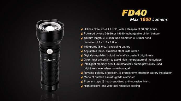 Fenix FD40 - Faisceau réglable - 1000 Lumens Site Officiel FENIX® - Votre boutique en ligne Fenix®