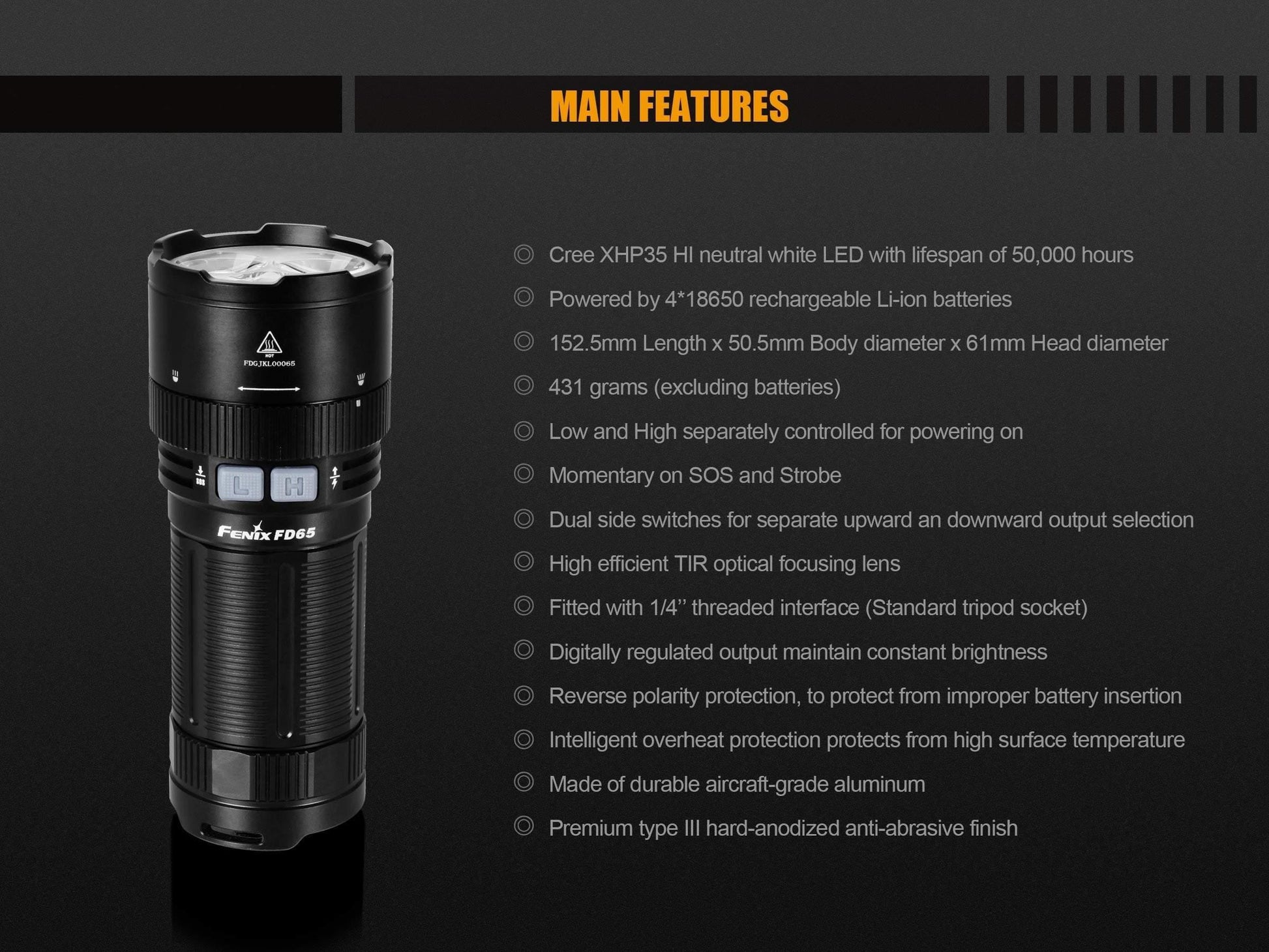 Fenix FD65 - 3800 Lumens - focale - 410 mètres Site Officiel FENIX® - Votre boutique en ligne Fenix®