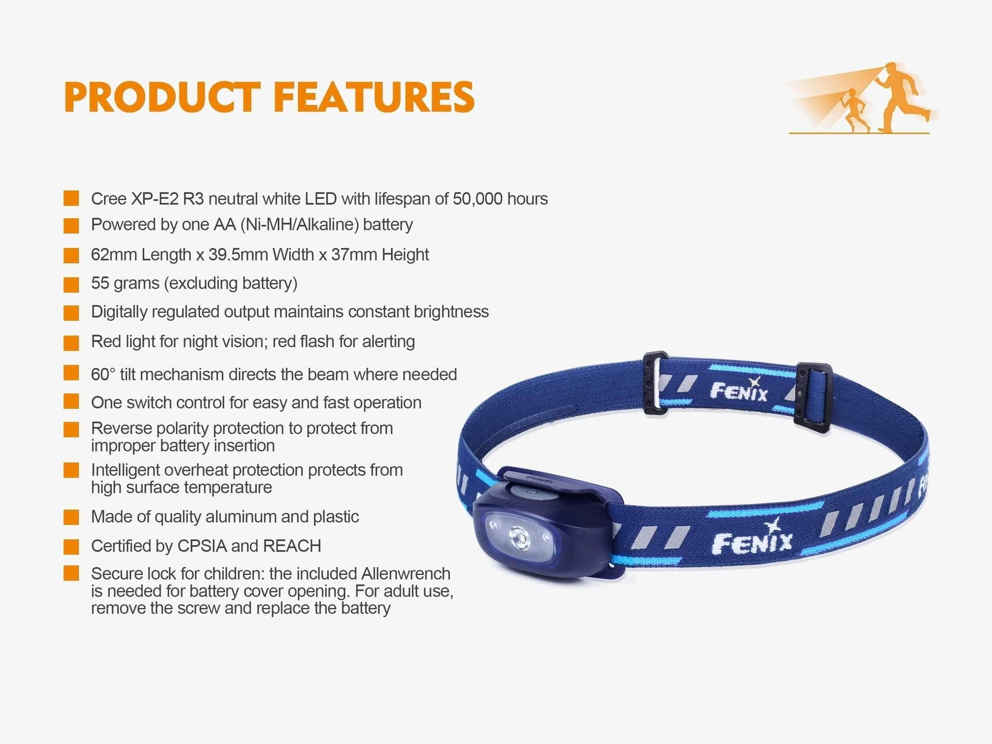 Fenix HL16 - Spécialement prévu pour les enfants - 70 Lumens - 3 coloris Site Officiel FENIX® - Votre boutique en ligne Fenix®