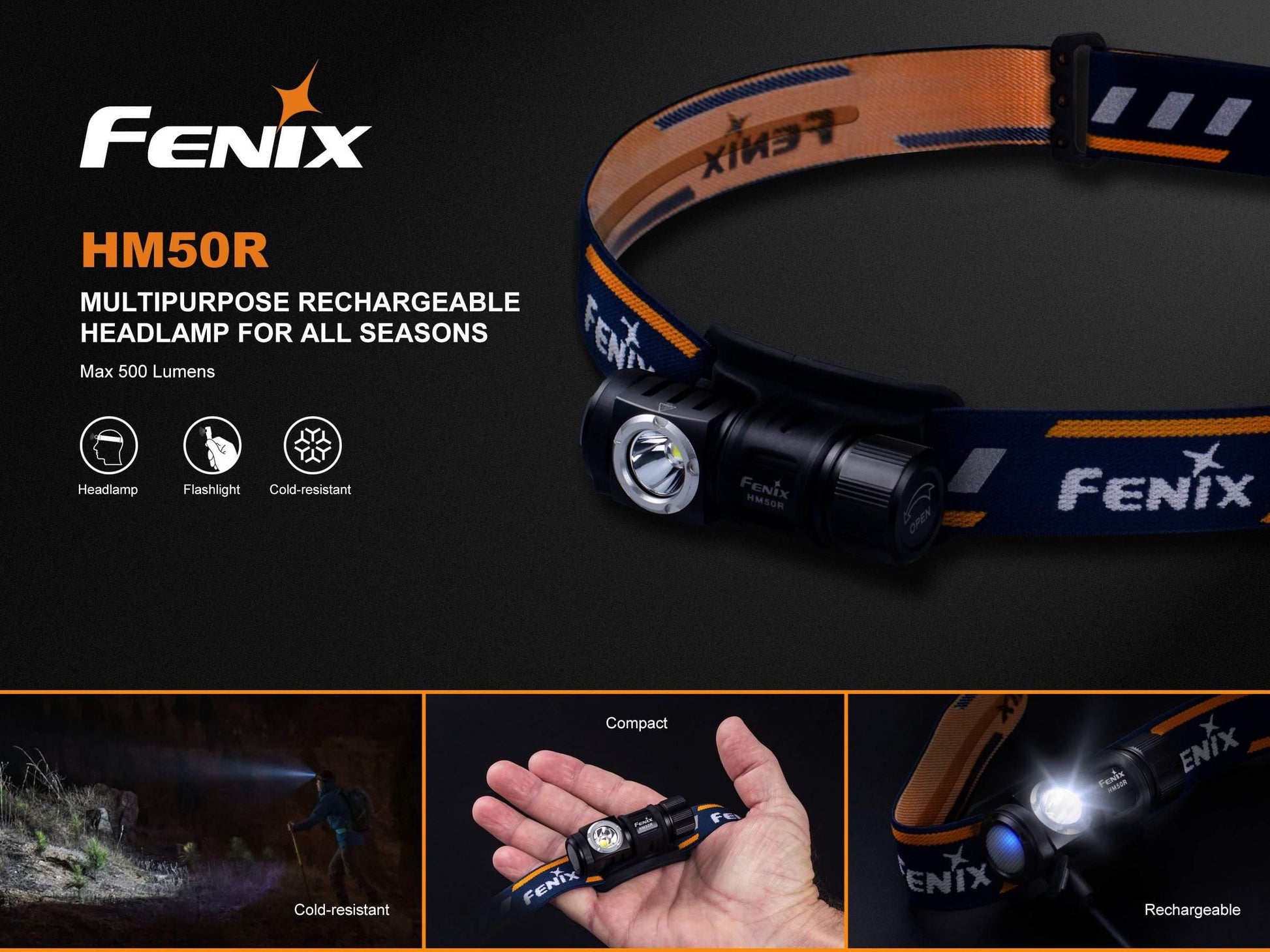 Fenix HM50R - frontale polyvalente rechargeable - 500 Lumens avec batterie Site Officiel FENIX® - Votre boutique en ligne Fenix®