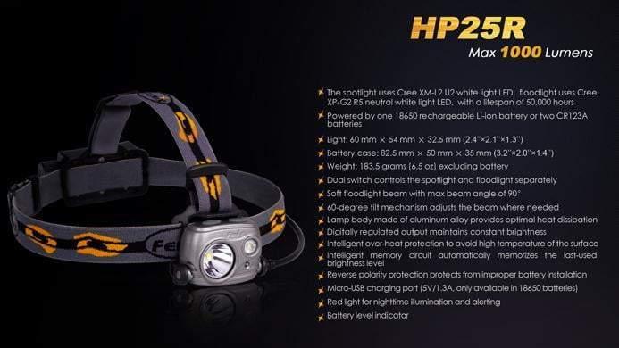 Fenix HP25R rechargeable - 1000 Lumens + batterie incluse Site Officiel FENIX® - Votre boutique en ligne Fenix®
