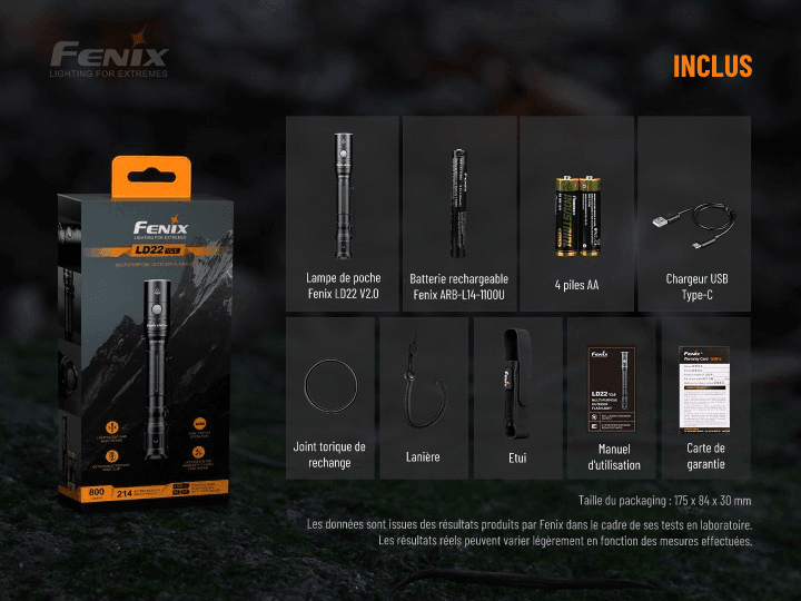 Fenix LD22 V2.0 - 800 Lumens - 214mètres de portée - Pack complet Revendeur Officiel Lampes FENIX depuis 2008 | Votre Boutique en ligne FENIX®
