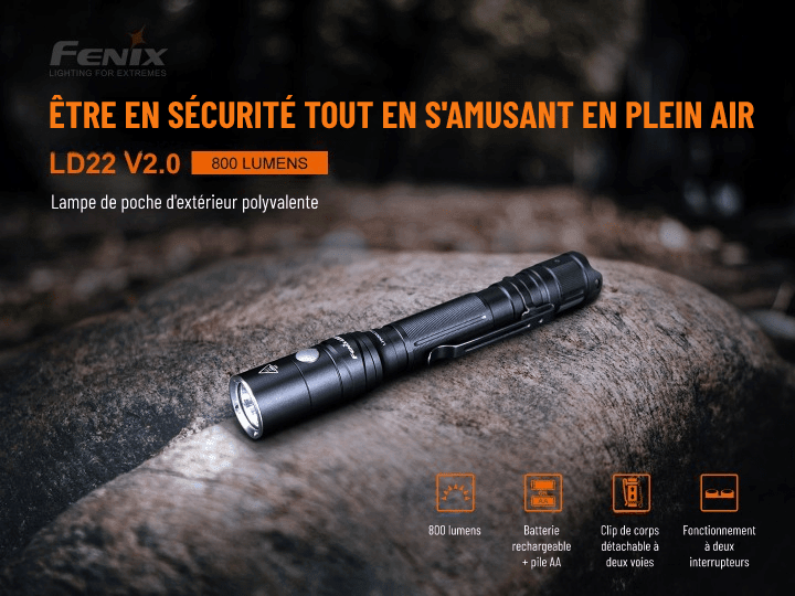 Fenix LD22 V2.0 - 800 Lumens - 214mètres de portée - Pack complet Revendeur Officiel Lampes FENIX depuis 2008 | Votre Boutique en ligne FENIX®