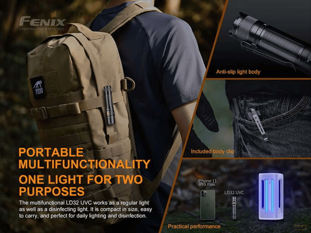 Fenix LD32 UVC - 1200 Lumens - UVC désinfection Virus et Bactéries - pack complet Site Officiel FENIX® - Votre boutique en ligne Fenix®