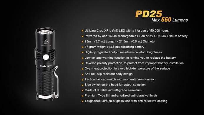 Fenix PD25 + pile CR123A - Lampe tactique - 550 lumens Site Officiel FENIX® - Votre boutique en ligne Fenix®