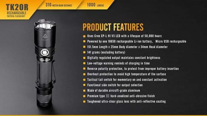 Fenix TK20R - Lampe torche rechargeable - 1000 Lumens + pile rechargeable incluse Site Officiel FENIX® - Votre boutique en ligne Fenix®
